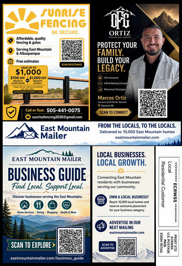 Back of the August 2026 East Mountain Mailer flyer